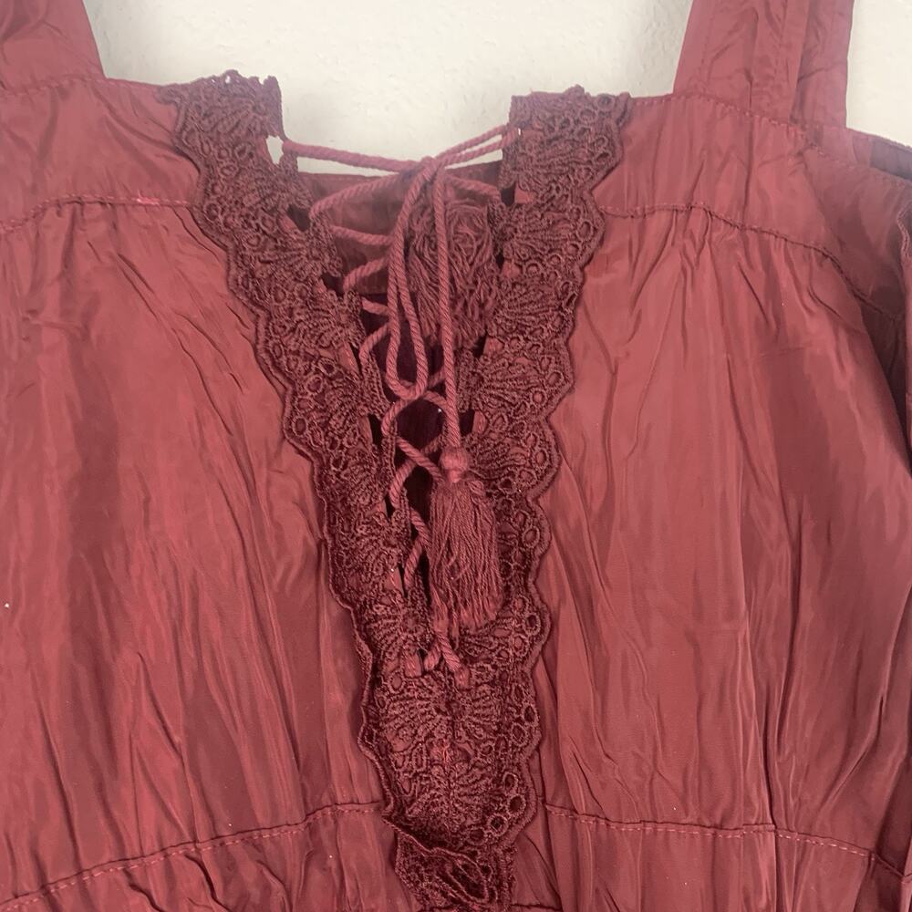 Pretty Angel Dress Womens Large Tiered Silk Blend Boho Whimsigoth Beaded‎ Maroon - Picture 6 of 11